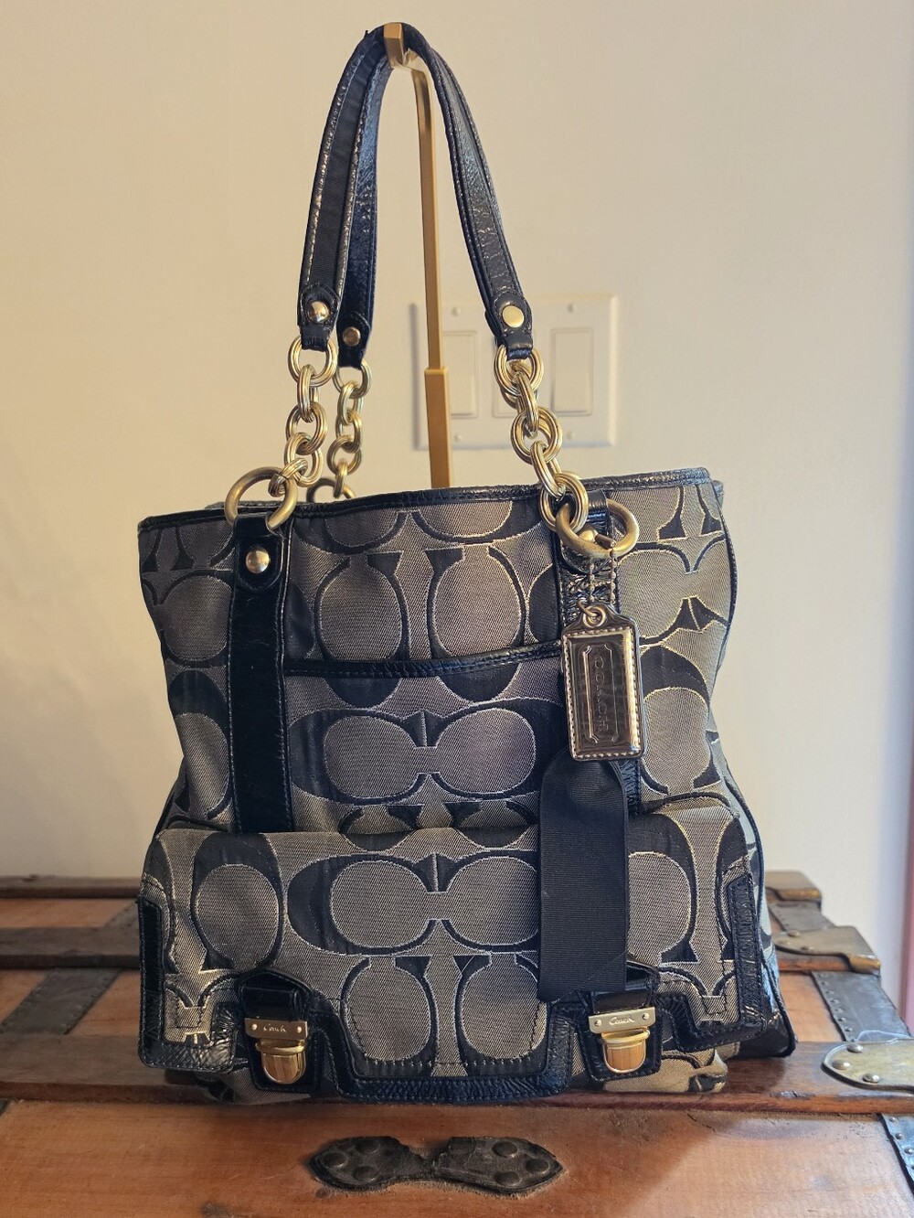 Coach Poppy Signature Lurex Push-Lock Satchel Tote Bag – Black/Gray